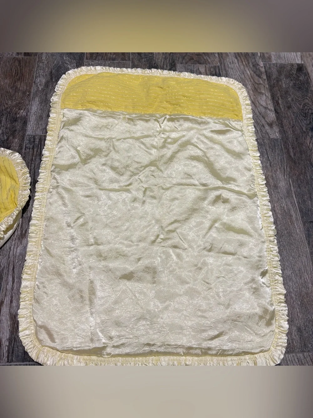 Vtg Handmade Baby Blanket W/ Pillowcase Yellow Satin Trim & Backing Gold Stripe